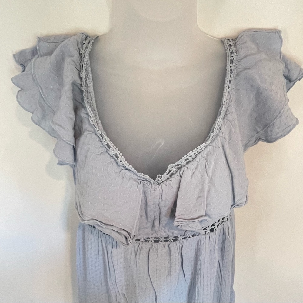 Simplee‎ Boho Ruffle Blue Tiered Crochet Daisies Maxi Dress - Women's Size M - Picture 6 of 10